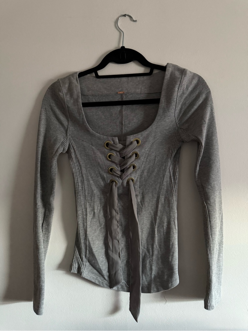 Free People Gray Lace-Up Long Sleeve Top